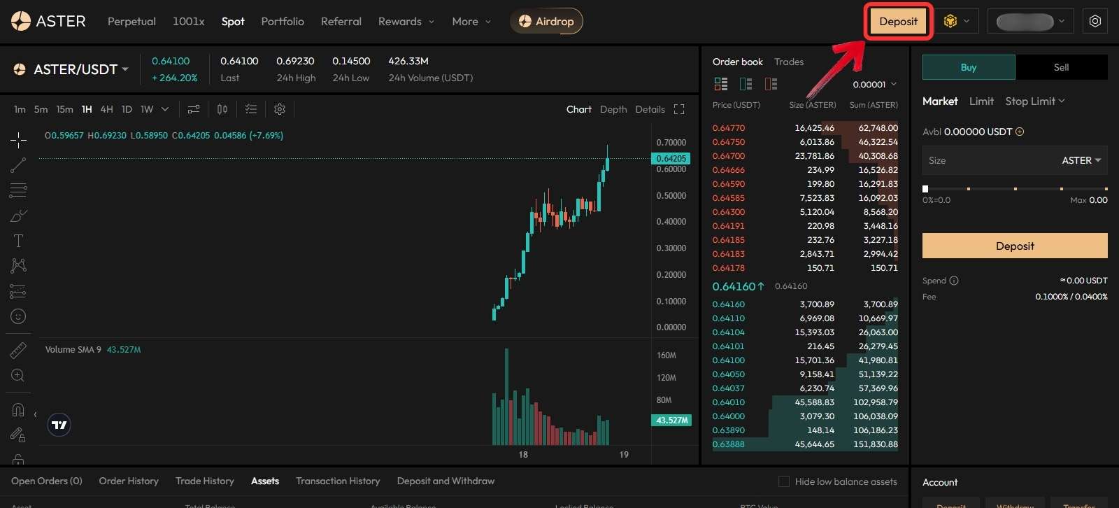 Aster DEX Deposit button