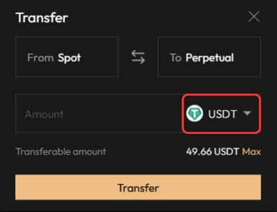 Aster DEX select asset to trasnfer