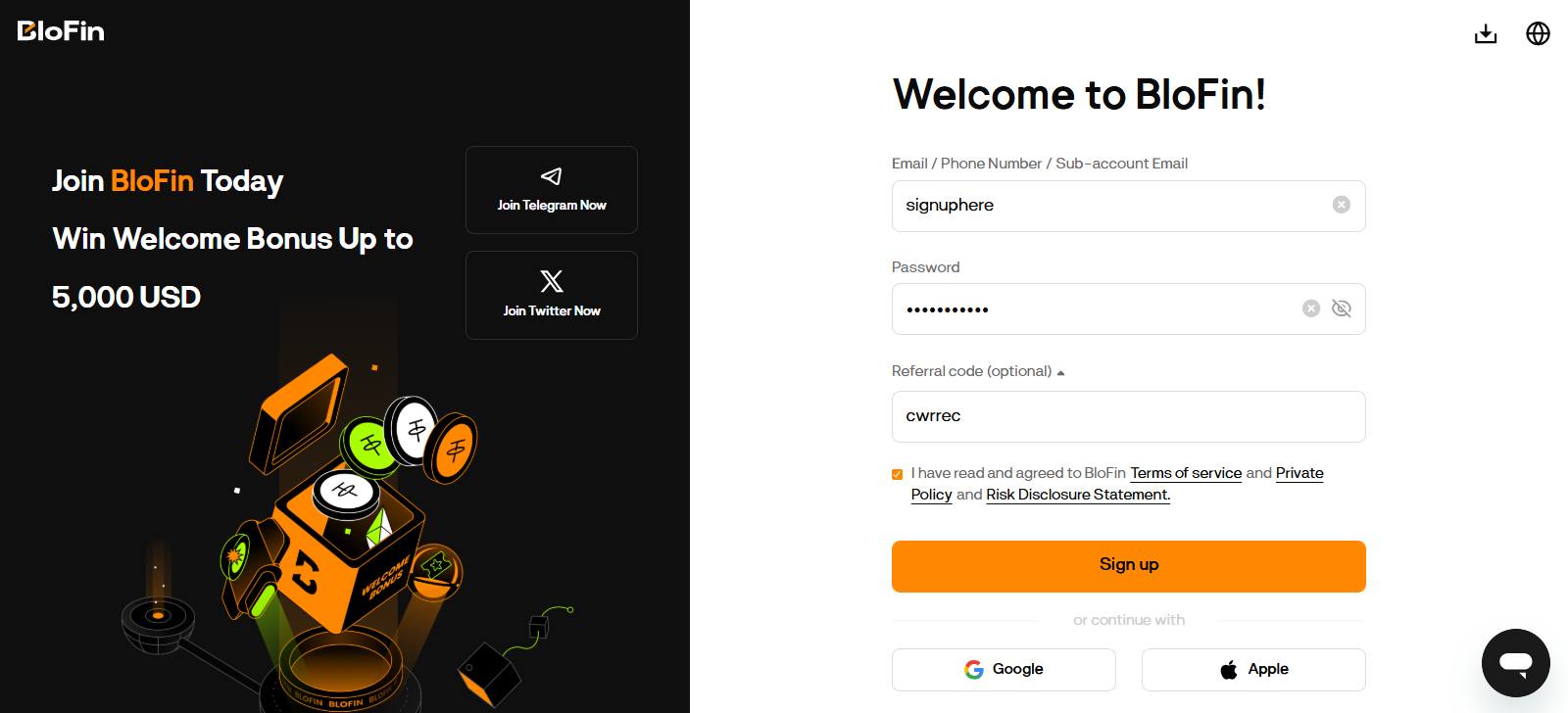 Blofin Sign up page