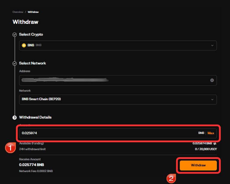 Enter BNB Amount then Select Withdraw