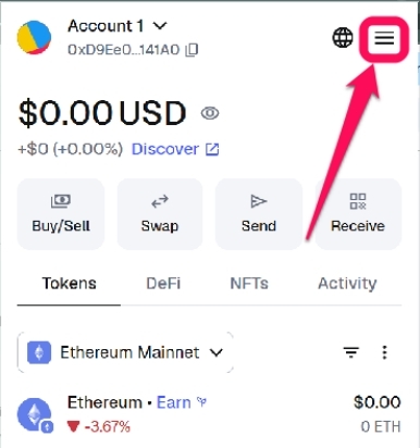 MetaMask Menu Tab