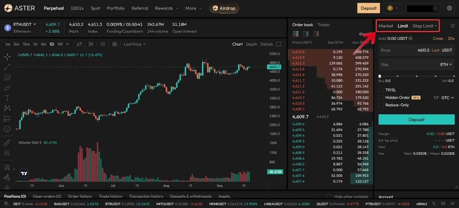 Perpetual trading Set market or Limit order on Aster DEX