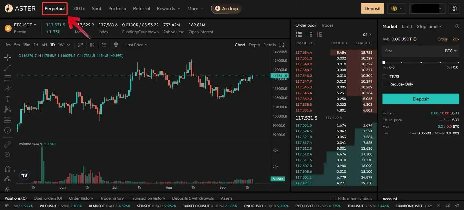 Perpetual trading on Aster DEX