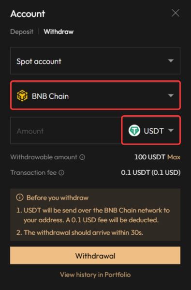 Select Network and Token to withdrawa on Aster DEX
