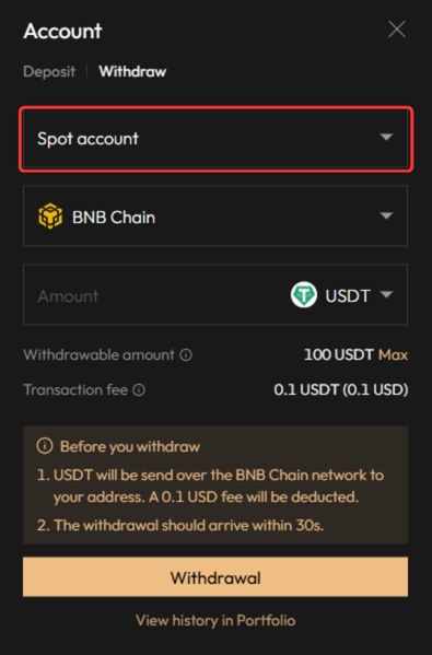 Select withdrawal account Aster DEX