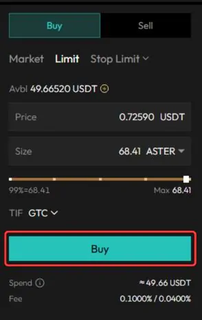 Spot trading Place order on Aster DEX