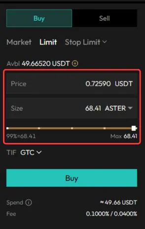 Spot trading Set order on Aster DEX