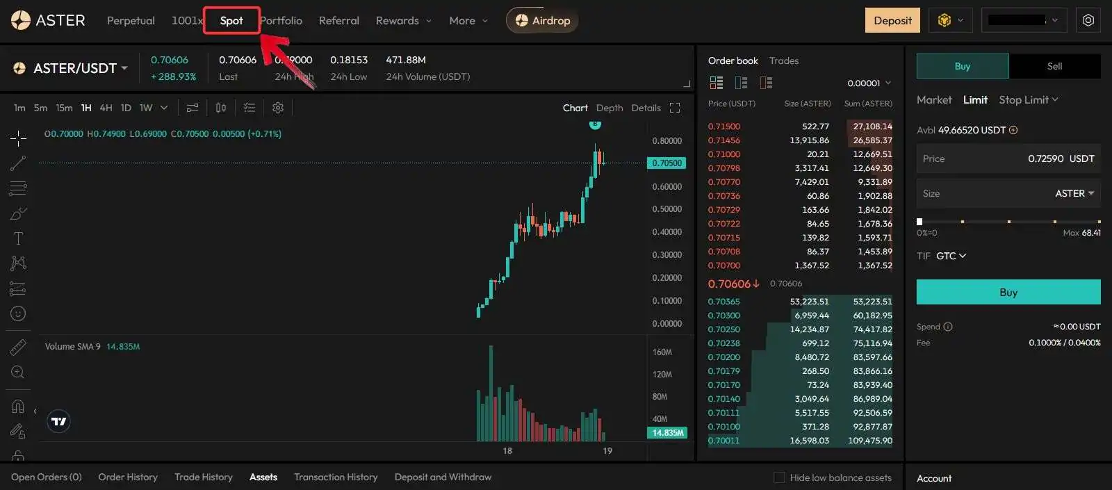 Spot trading on Aster DEX