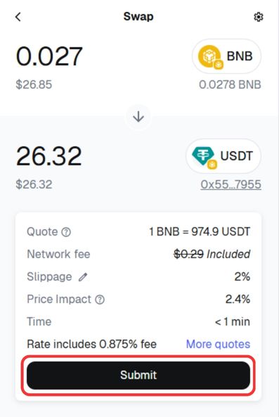 Submit swap transaction for approval