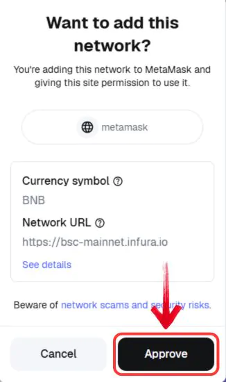 click to Approve to add network to metamask