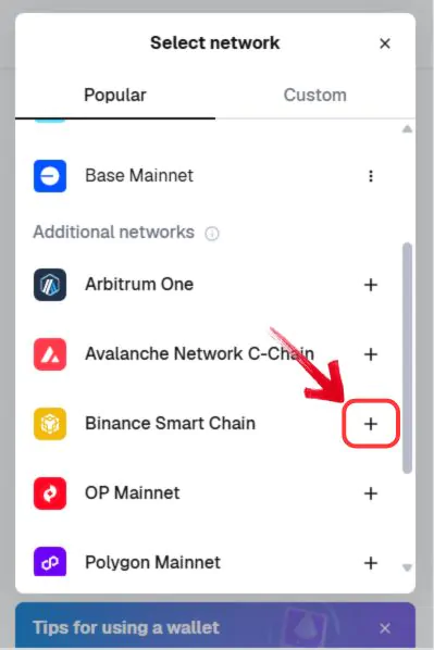 tap on the + sign to add bnb network