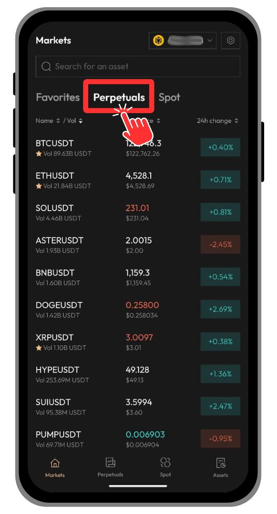 Aster DEX Perpetual Trading tab
