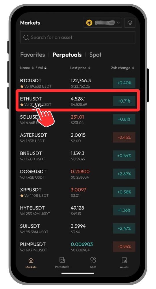Aster DEX Select a Perpetual contract