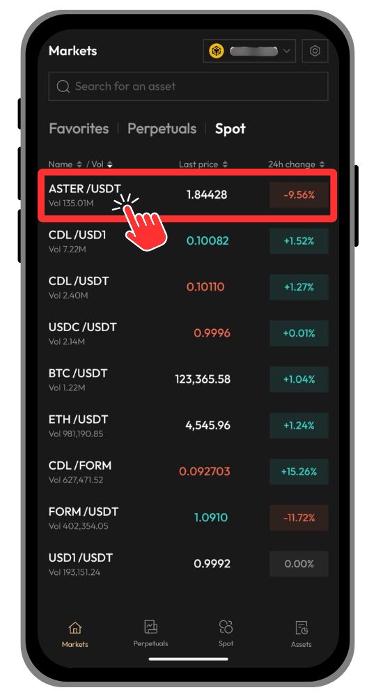 Aster DEX Select a Spot asset