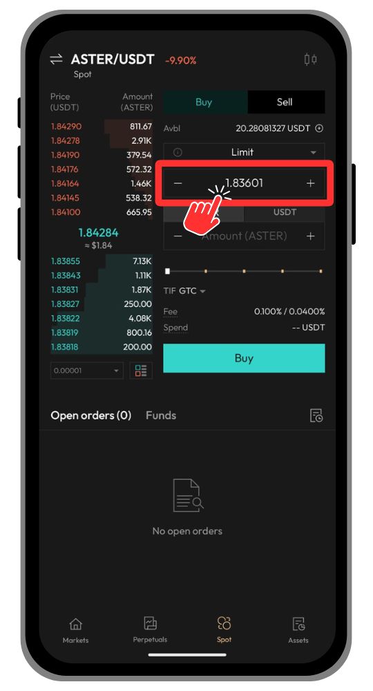 Aster DEX Set price on Spot trading