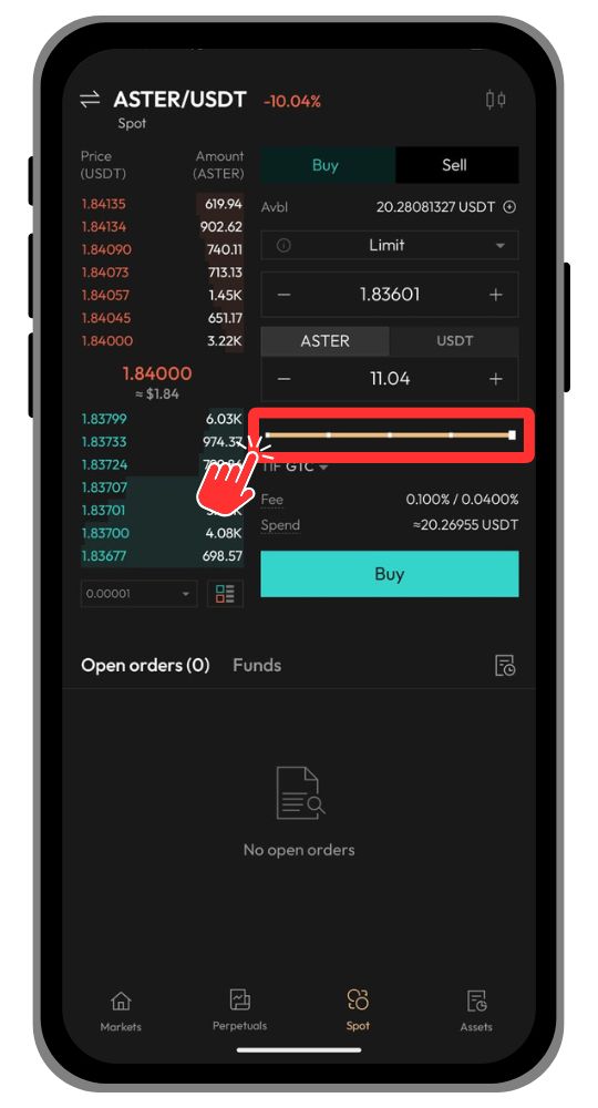 Aster DEX allocate amount for Spot trade