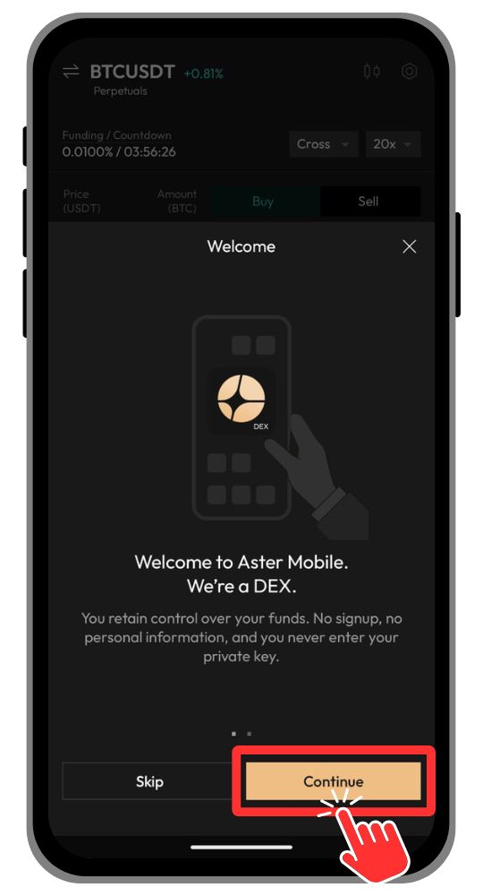 Aster DEX mobile Welcome page