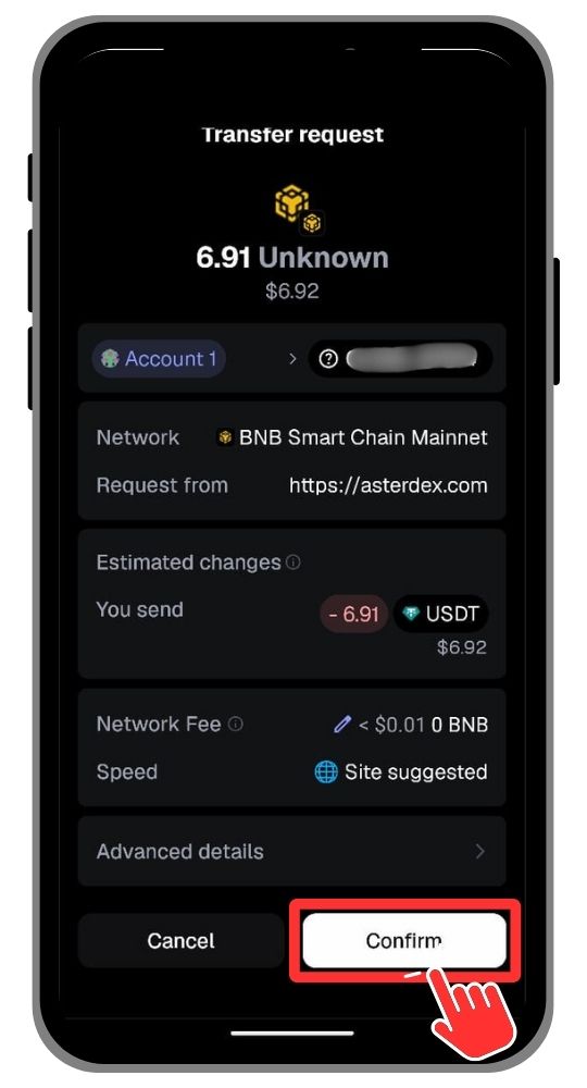 Confirm deposit request on MetaMask Mobile