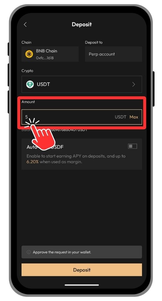 Enter the amount to deposit on Aster DEX