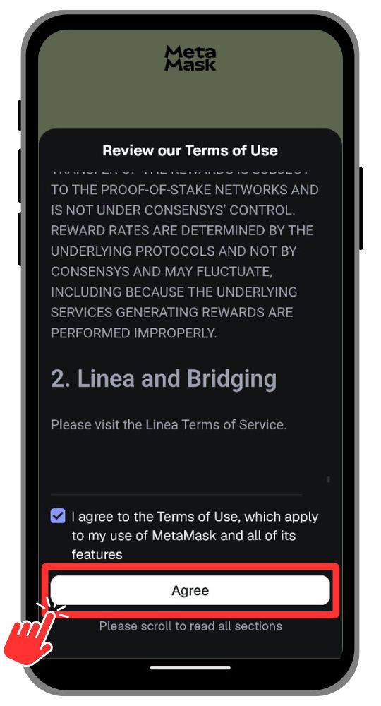 MetaMask Mobile Terms and conditions page