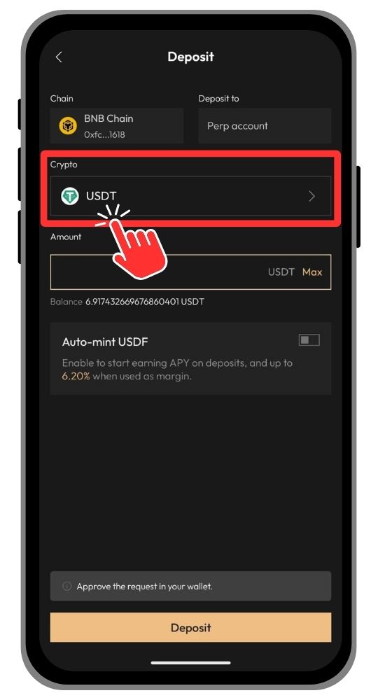 Select a token to deposit on Aster DEX