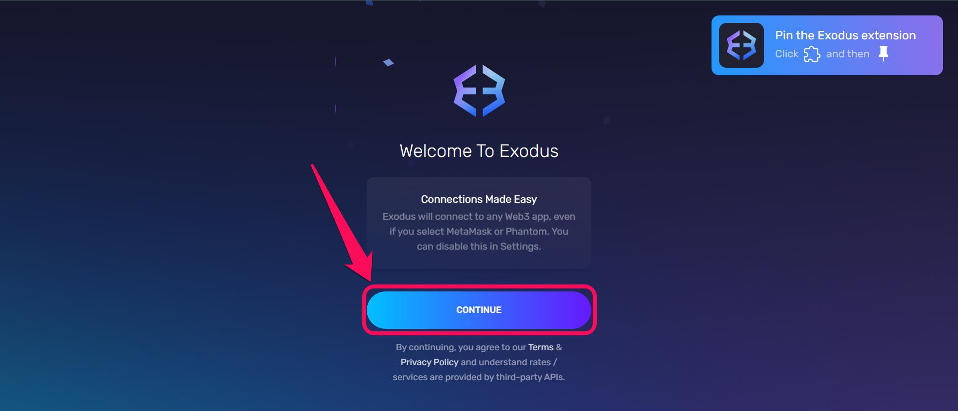 Continue to Exodus Wallet