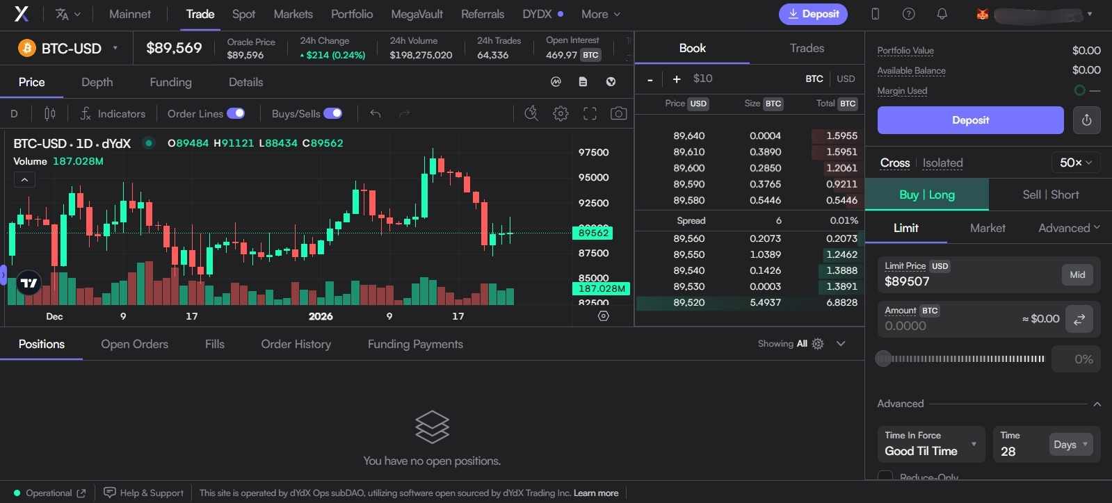 dYdX Derivatives trading interface