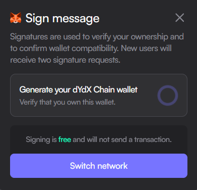 sign message to connect to dYdX