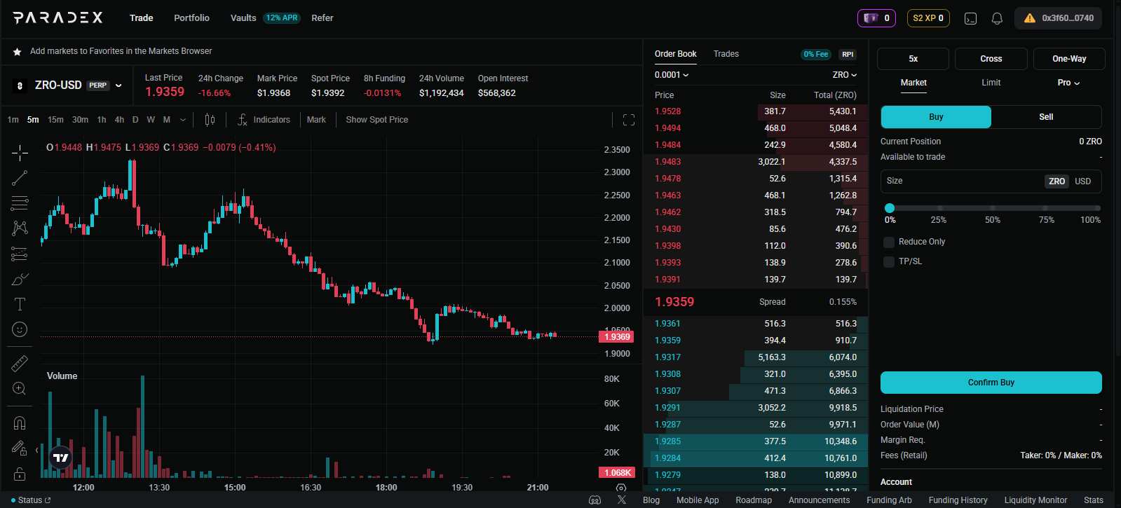 Paradex Perp trading interface