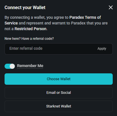 Paradex choose your sign up method