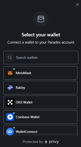 Paradex select wallet