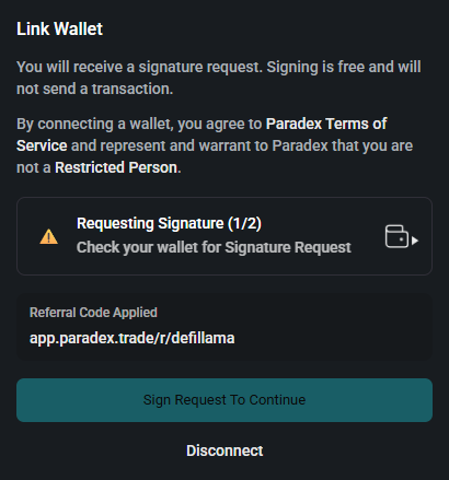 Paradex signature request