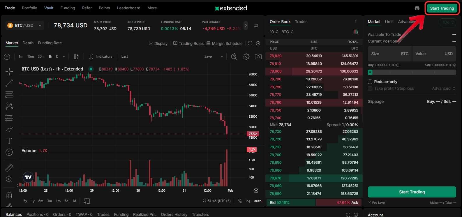 Start Trading button on Extended