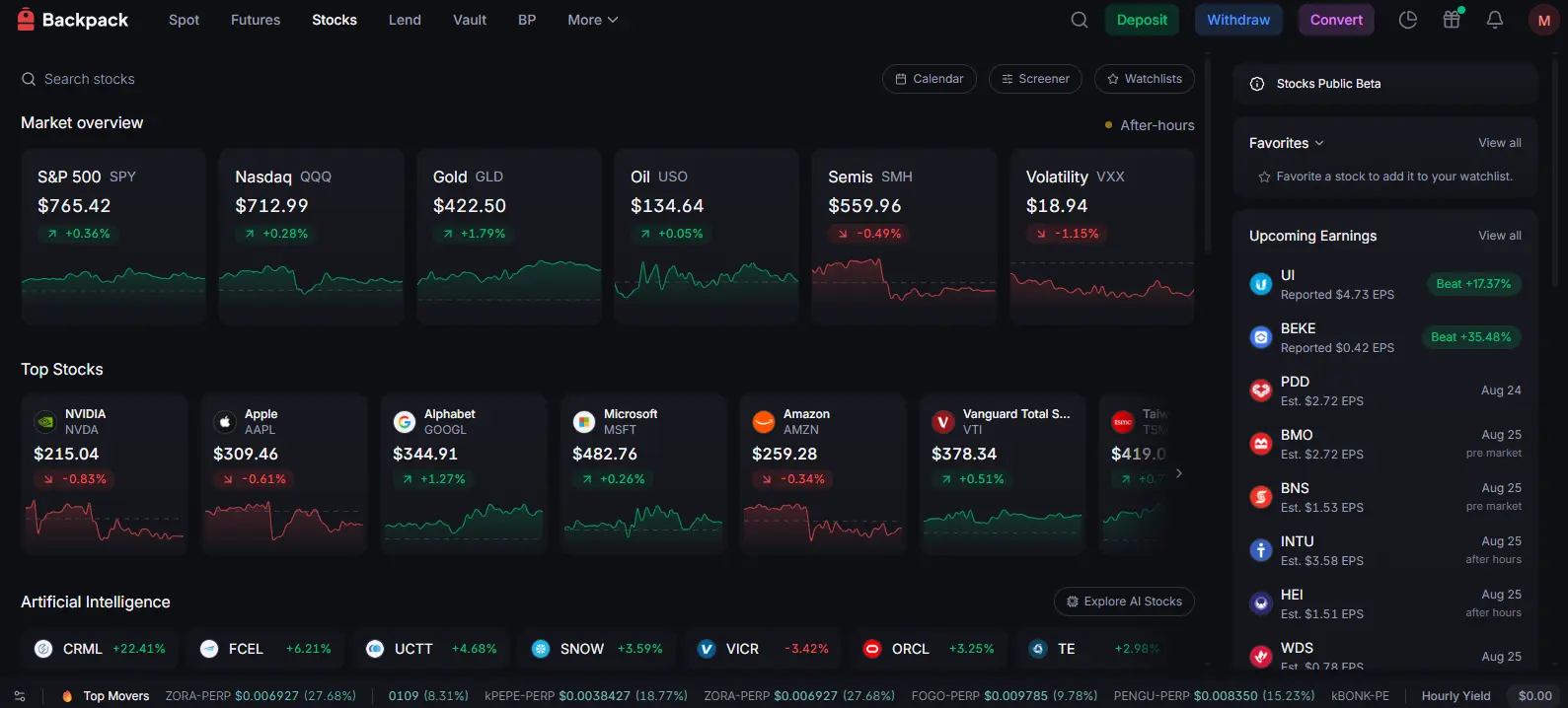 Backpack exchange stock interface