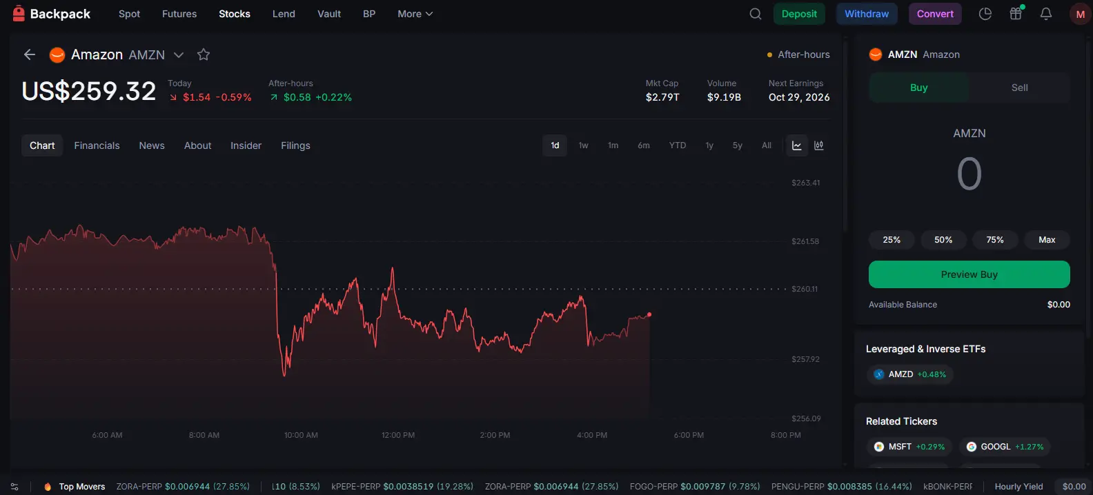 Backpack exchange stock trading interface