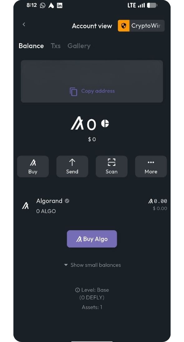 Defly Wallet mobile app homepage