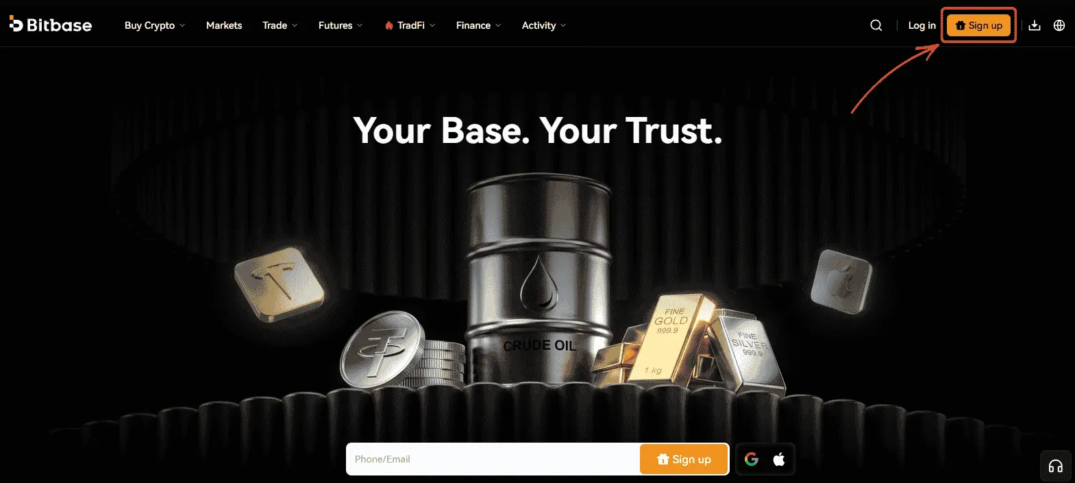 Bitbase Sign Up button highlighted