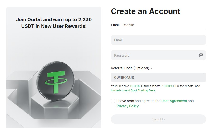 Ourbit sign-up page with the referral code and the 10% futures and DEX fee rebates